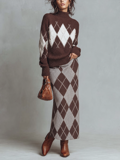Completo maglione a rombi e gonna midi marrone – look completo