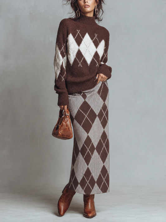 Completo maglione a rombi e gonna midi marrone – look completo