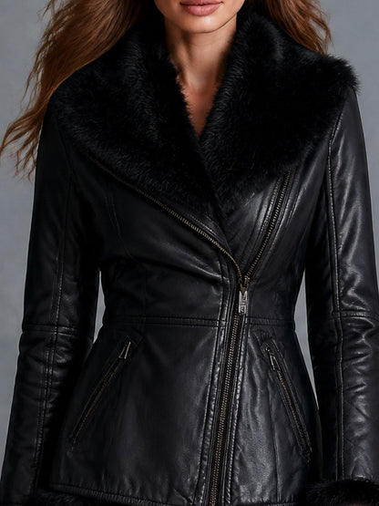 Giacca biker nera con bordo in eco-pelliccia – vista laterale