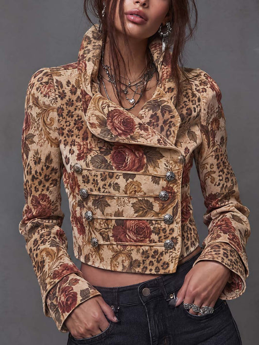 Giacca corta in suede beige a stampa floreale – vista frontale