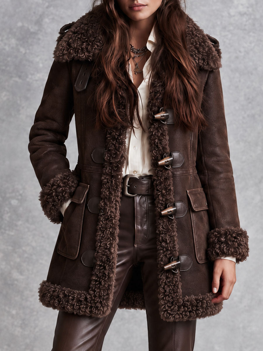 Cappotto boho in microsuede marrone con collo in eco-pelliccia – vista frontale