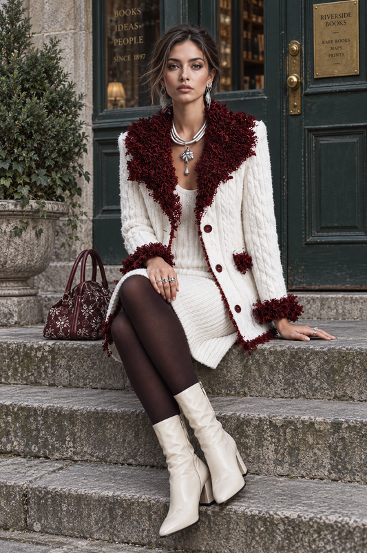 Cardigan lungo bianco in maglia a trecce – vista laterale