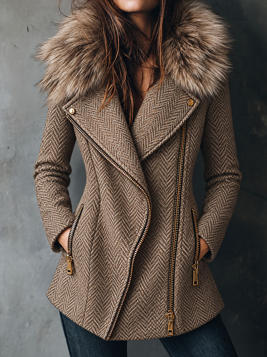 Cappotto oversize in tweed tortora con collo in eco-pelliccia – vista frontale