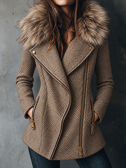 Cappotto oversize in tweed tortora con collo in eco-pelliccia – vista frontale