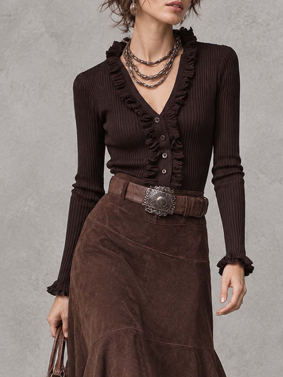 Completo top a coste e gonna in suede marrone – vista laterale