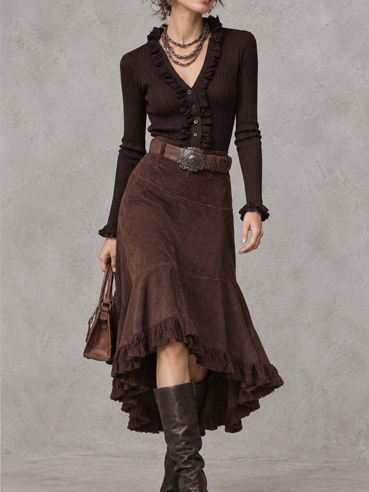 Completo top a coste e gonna in suede marrone – vista frontale
