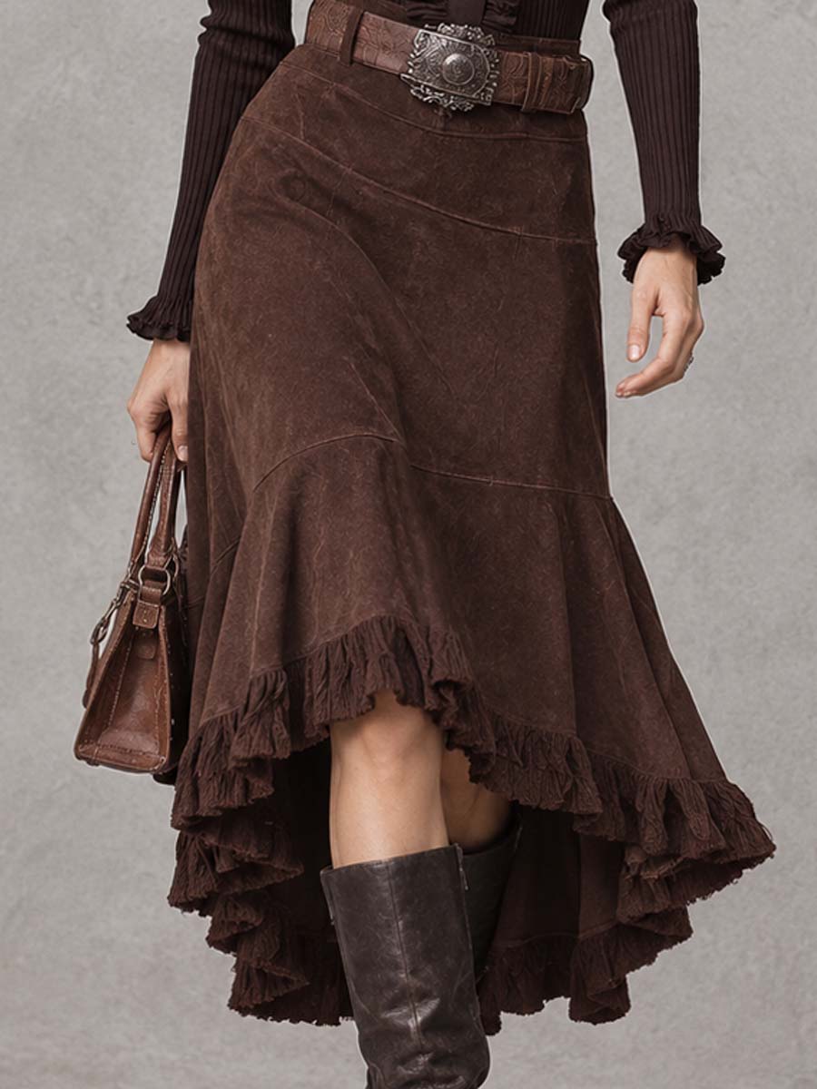 Completo top a coste e gonna in suede marrone – dettaglio