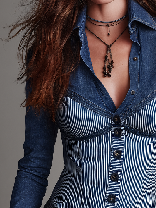 Camicia in denim a righe blu in stile corsetto – vista laterale