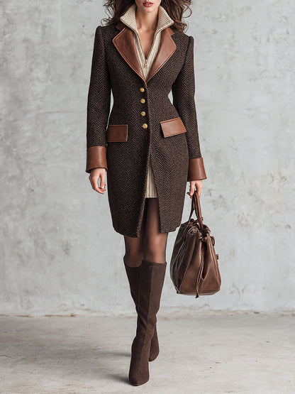 Cappotto in lana spigata marrone con bordi in ecopelle – vista frontale