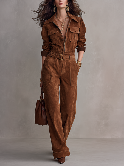 Tuta intera in suede cognac con cintura – vista frontale