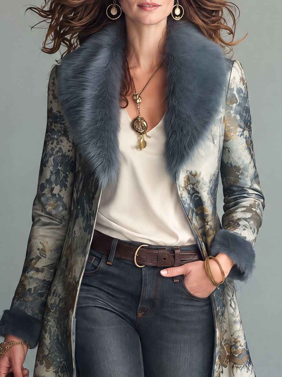 Cappotto lungo stampato grigio-azzurro – vista laterale