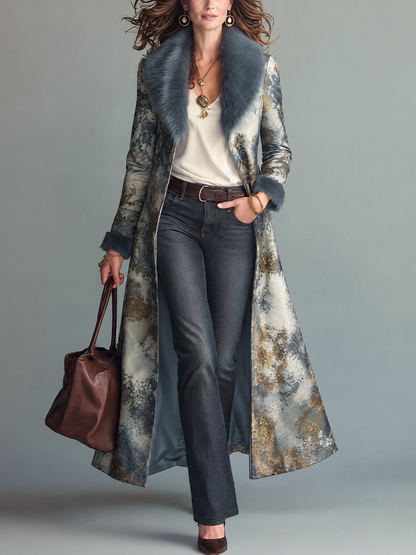 Cappotto lungo stampato grigio-azzurro con bordo in pelliccia – vista frontale