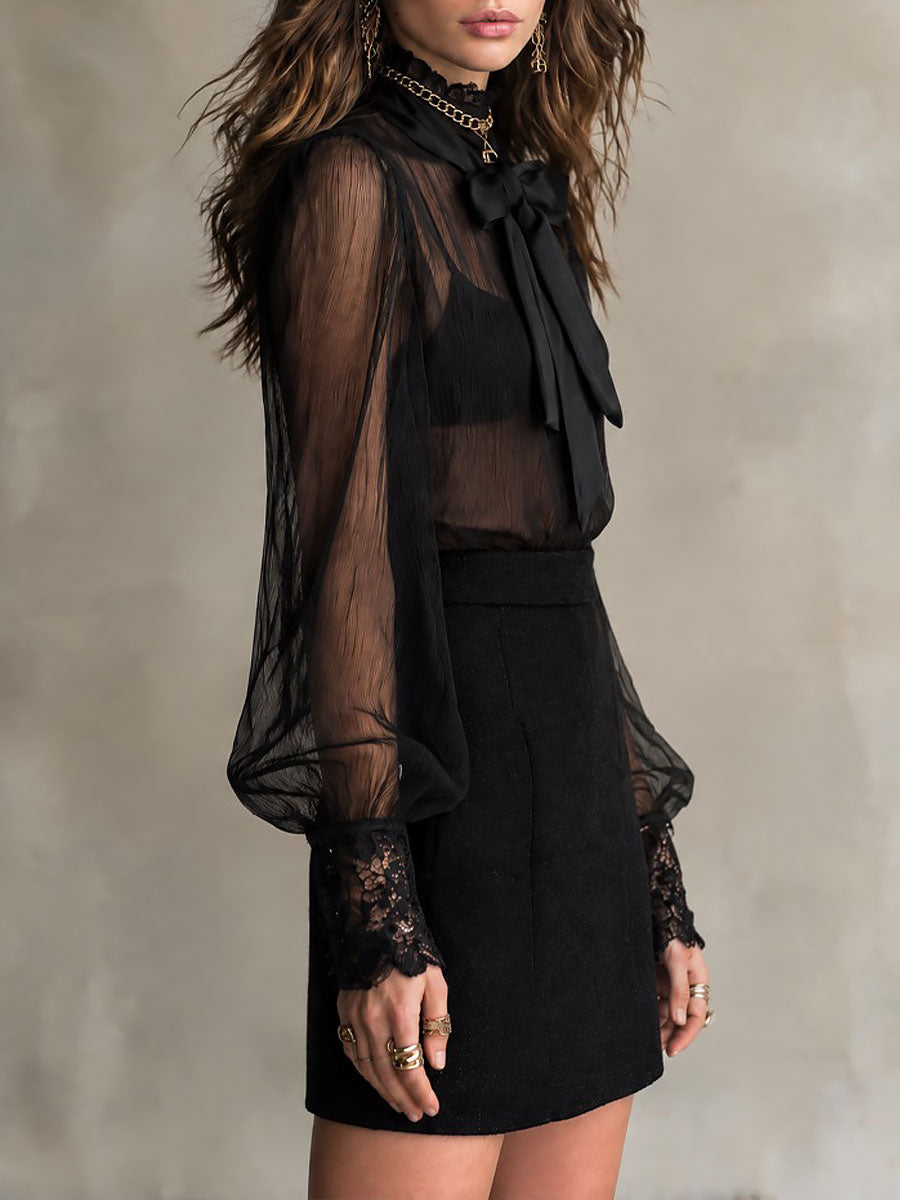 Camicetta boho in chiffon nera – dettaglio del fiocco