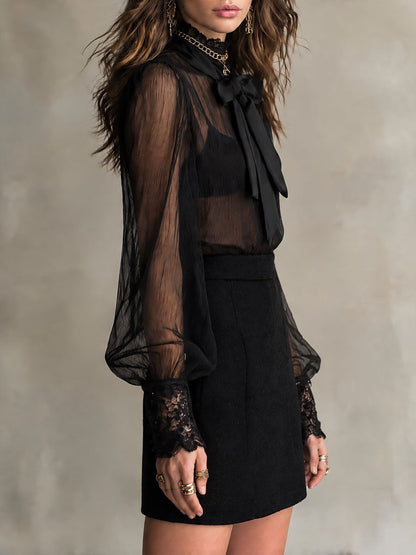 Camicetta boho in chiffon nera – dettaglio del fiocco