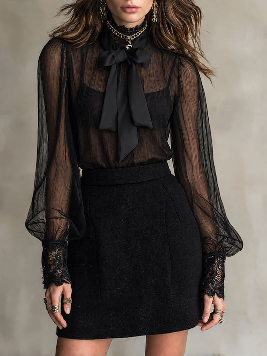 Camicetta boho in chiffon nera – vista frontale