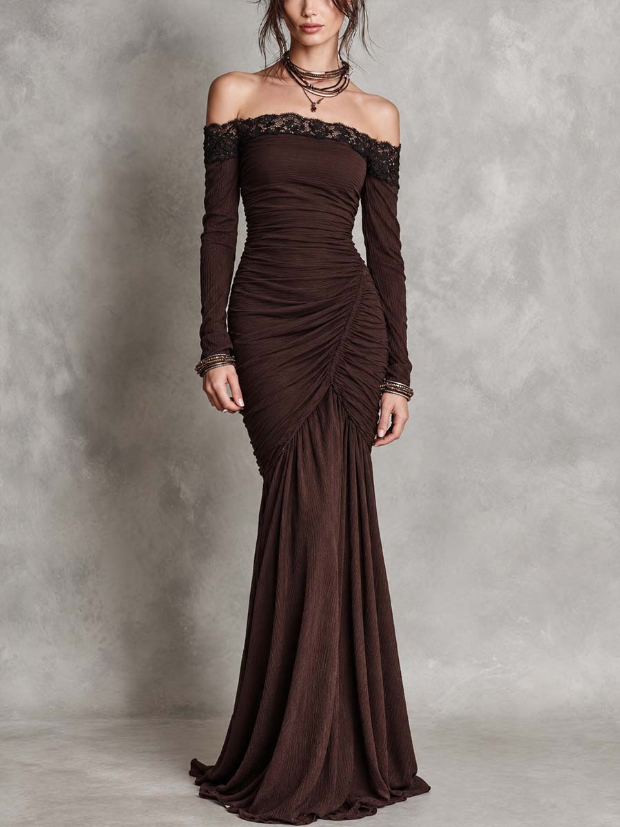 Abito lungo vintage in pizzo marrone con spalle scoperte – vista frontale