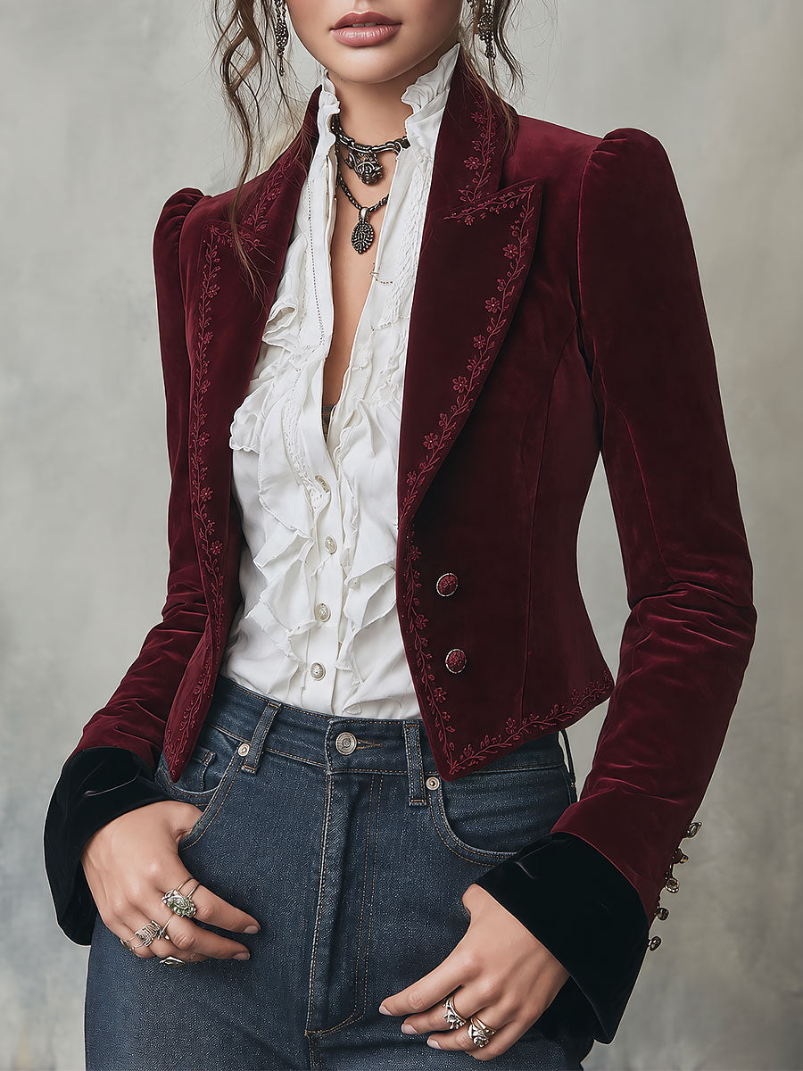 Blazer in velluto ricamato bordeaux – vista frontale