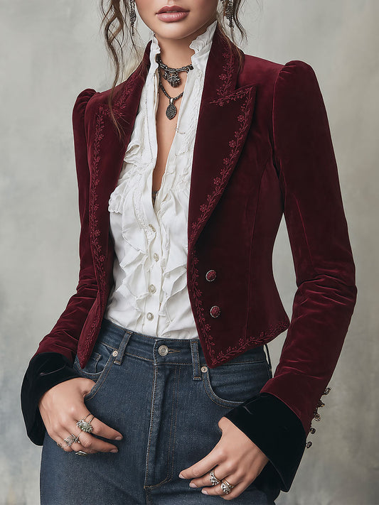 Blazer in velluto ricamato bordeaux – vista frontale
