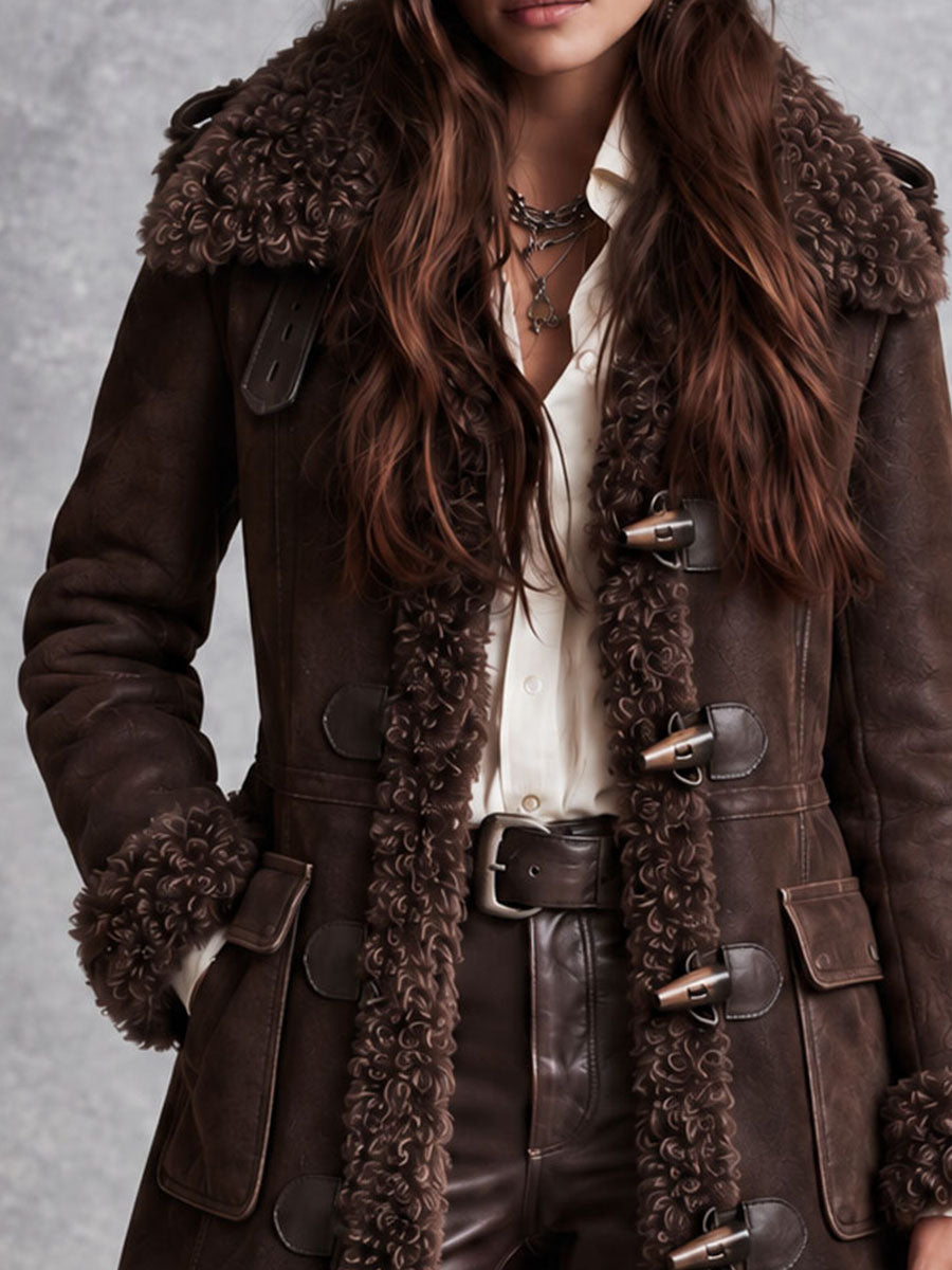 Cappotto boho in microsuede marrone con collo in eco-pelliccia – vista laterale