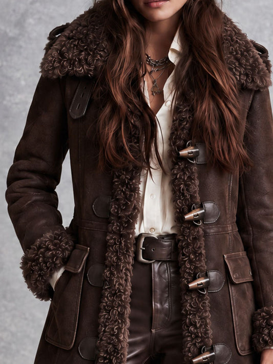Cappotto boho in microsuede marrone con collo in eco-pelliccia – vista laterale
