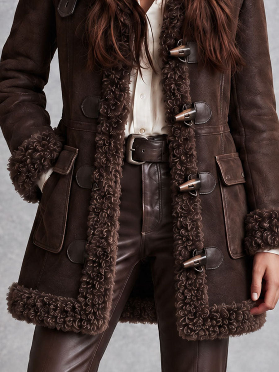 Cappotto boho in microsuede marrone con collo in eco-pelliccia – dettaglio