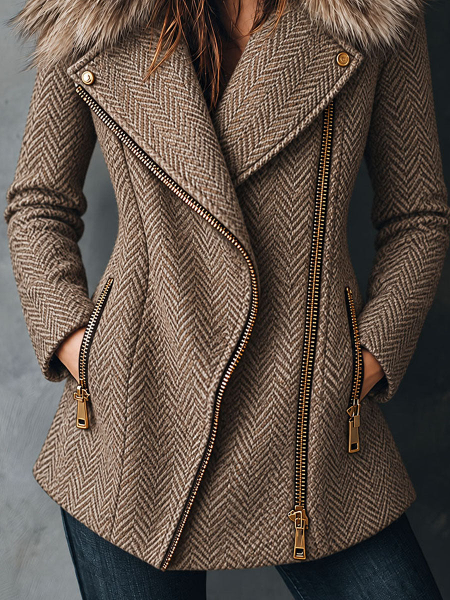 Cappotto oversize in tweed tortora con collo in eco-pelliccia – vista laterale