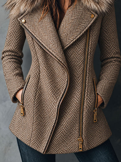 Cappotto oversize in tweed tortora con collo in eco-pelliccia – vista laterale