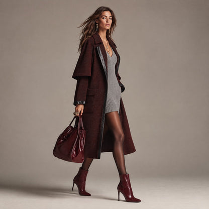 Trench bordeaux in misto lana – dettaglio delle finiture