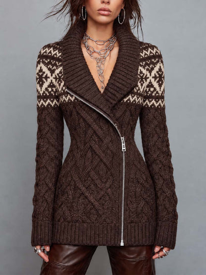 Cappotto in maglia Fair Isle marrone – dettaglio della zip