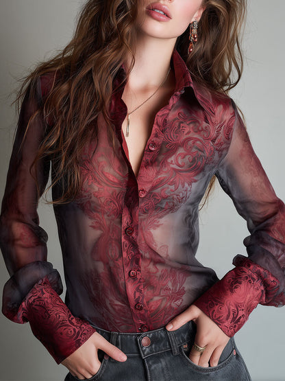 Camicia in Tencel bordeaux con stampa damascata – vista frontale