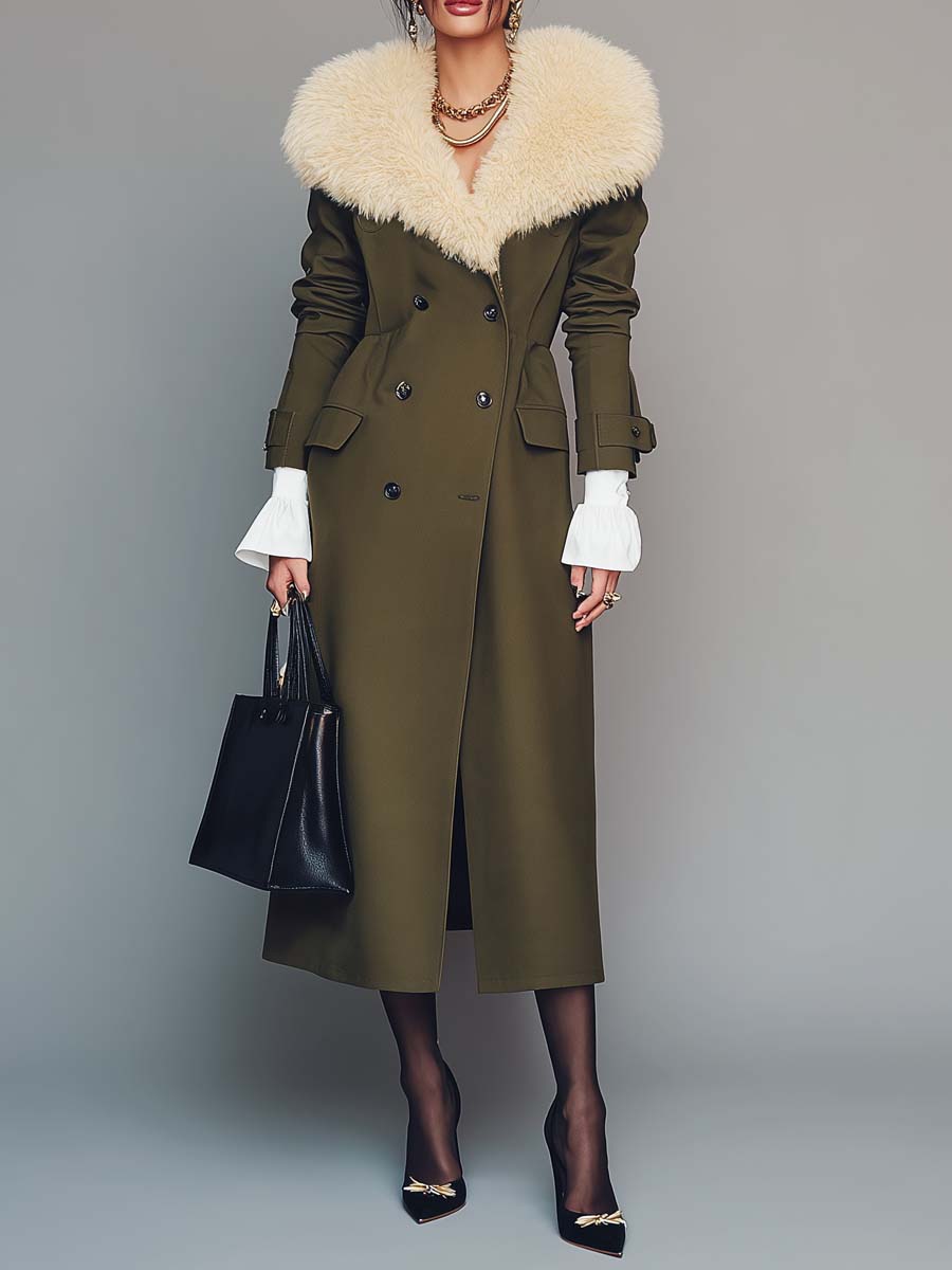 Cappotto lungo verde oliva con collo in eco-pelliccia – vista frontale