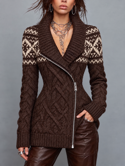 Cappotto in maglia Fair Isle marrone con zip – vista frontale