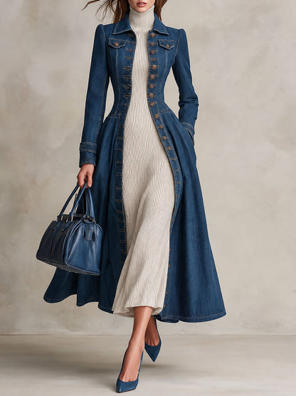 Trench lungo in denim blu – vista frontale