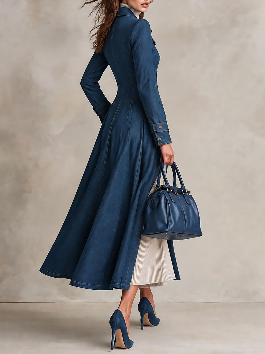 Trench in denim blu aderente – vista laterale