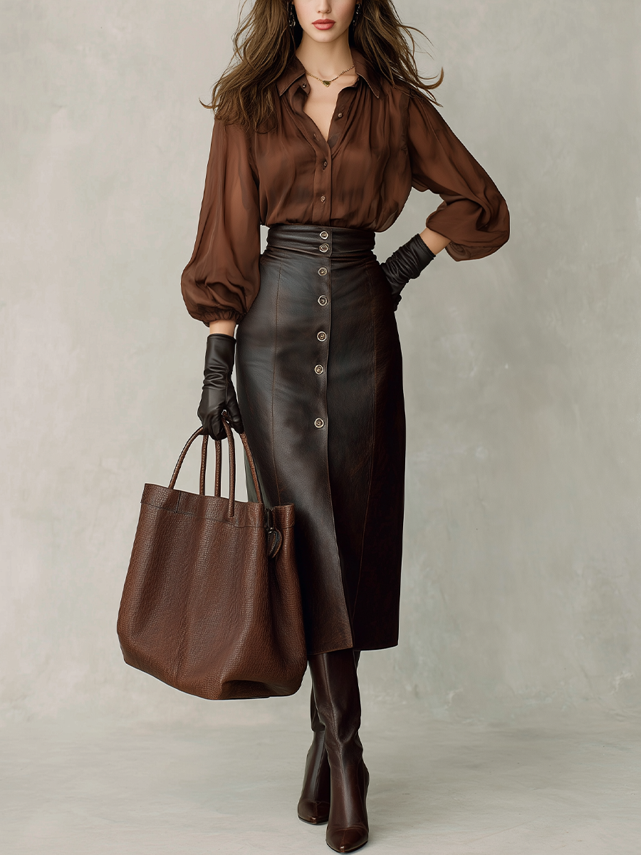 Completo gonna midi effetto pelle marrone – vista frontale