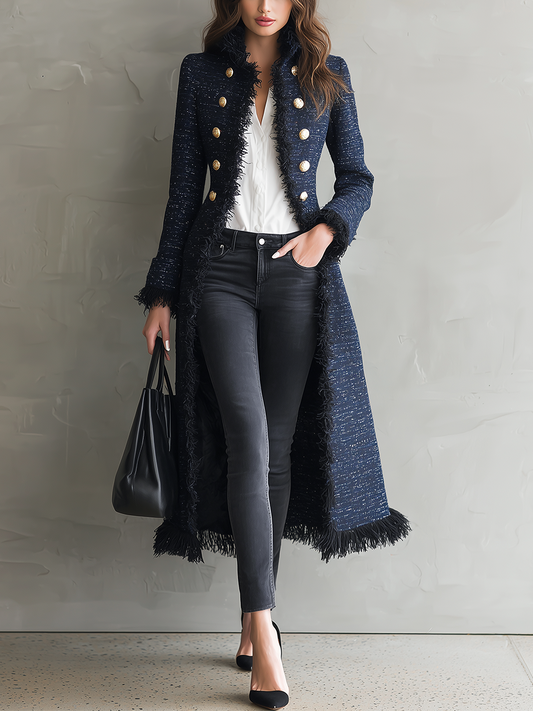 Cappotto lungo in tweed blu navy – vista frontale