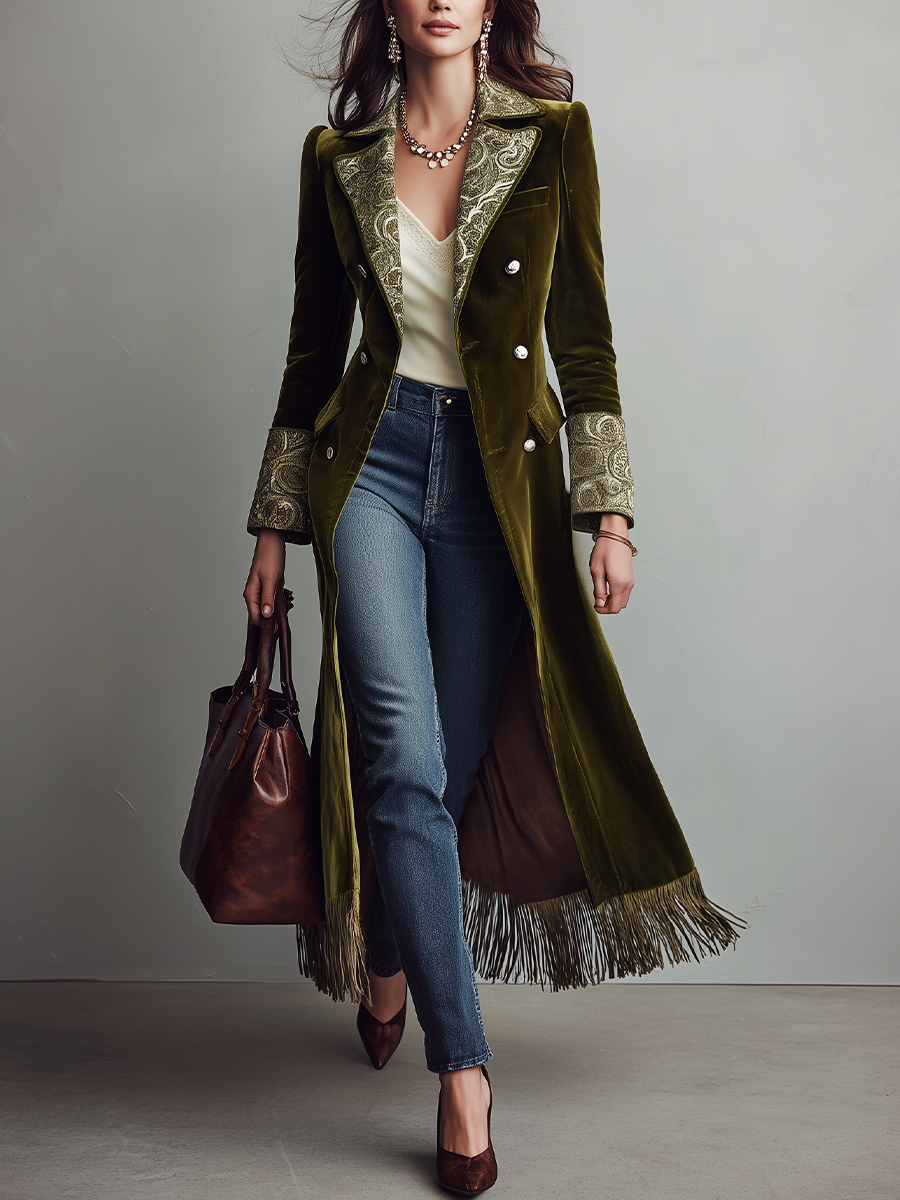Cappotto lungo in velluto verde oliva – vista frontale