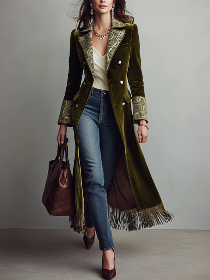 Cappotto lungo in velluto verde oliva – vista frontale