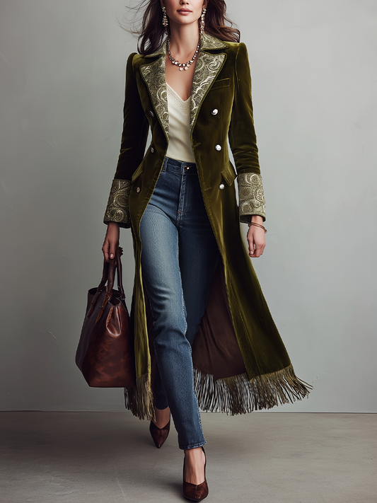 Cappotto lungo in velluto verde oliva – vista frontale