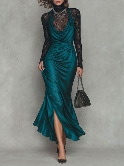 Set abito lungo in raso verde petrolio con top in pizzo – vista frontale