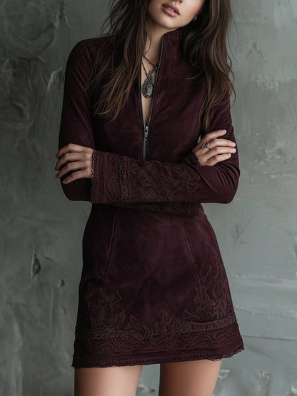 Vestito mini bordeaux in microcamoscio – dettaglio 2