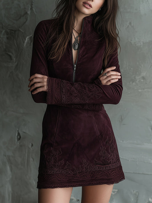 Vestito mini bordeaux in microcamoscio – dettaglio 2