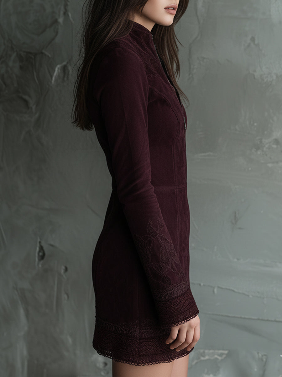 Vestito mini bordeaux in microcamoscio – dettaglio 3