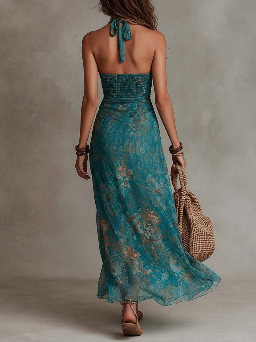 Abito lungo in chiffon verde petrolio – dettaglio 4