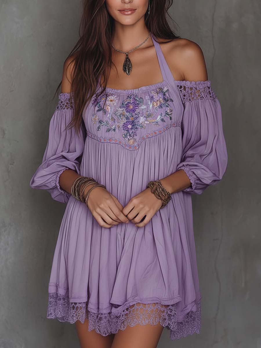 Vestito mini lavanda ricamato – vista laterale
