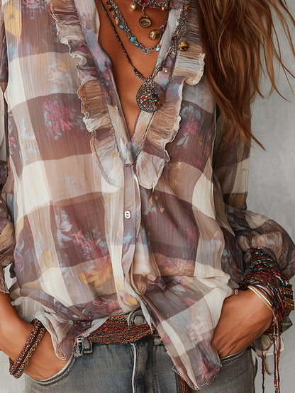 Camicetta in chiffon grigio viola – look completo