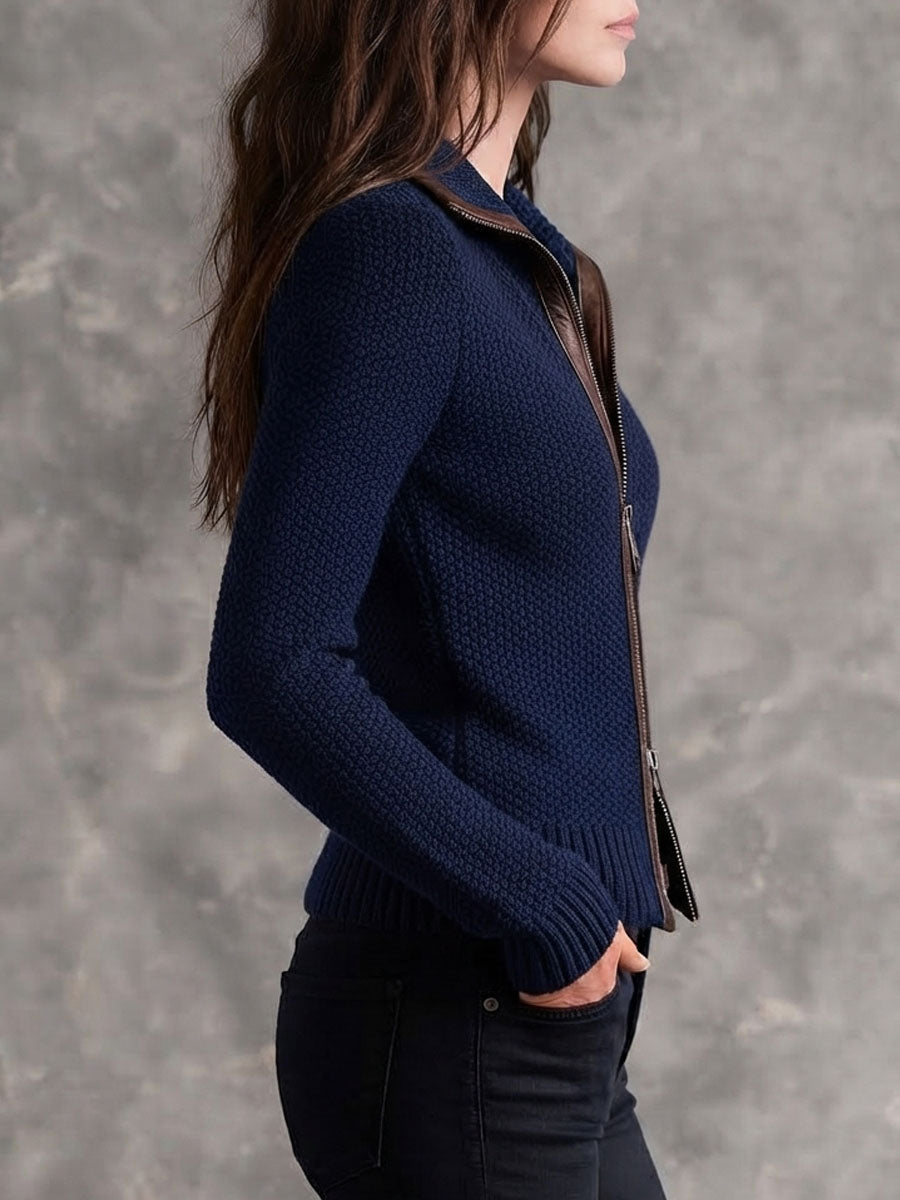 Giacca biker in maglia blu navy – dettaglio 7