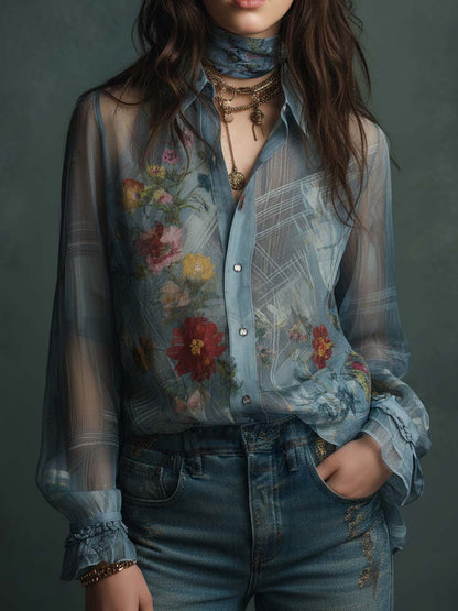 Camicetta trasparente floreale azzurro nebbia – vista posteriore