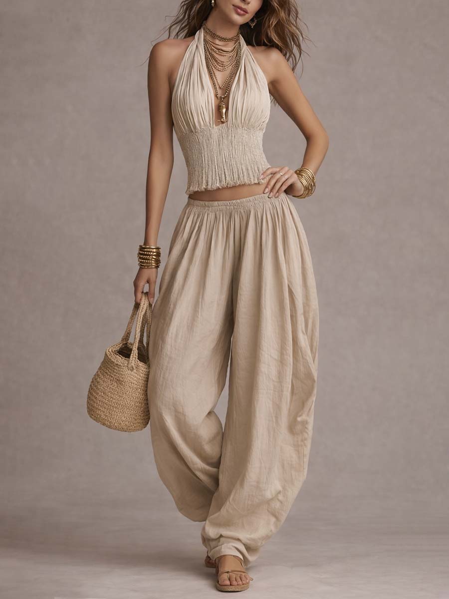 Coordinato boho top halter e pantaloni harem – vista laterale