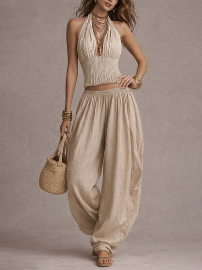 Coordinato boho top halter e pantaloni harem – vista laterale